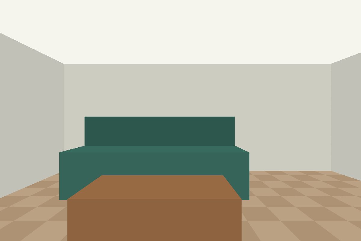 Exemplo sintético de uma sala com sofá e mesa